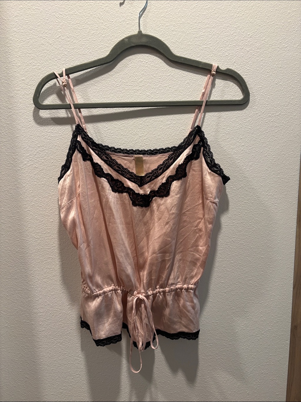 Women's Pink Satin Camisole with Black Lace Trim